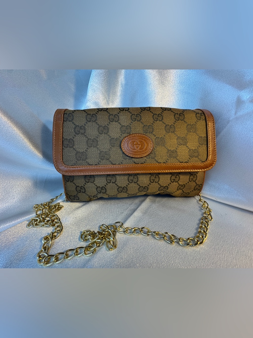 Gucci Vintage Brown GG Canvas Clutch / Crossbody with Gold Chain